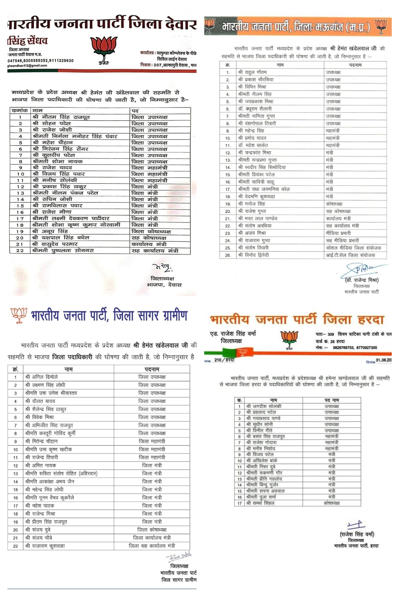 भारतीय जनता पार्टी ने घोषित की जिला पदाधिकारियों की नई सूची