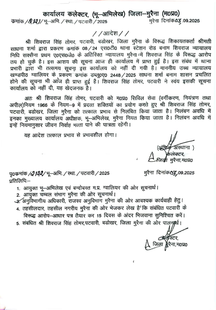 कोर्ट के आदेश पर पटवारी शिवराज सिंह तोमर निलंबित