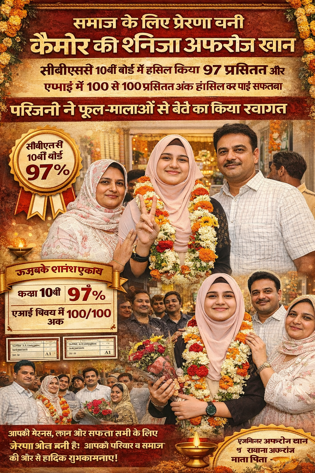 कैमोर की शनिजा खान ने 10वीं में 97% अंक हासिल कर बढ़ाया मान