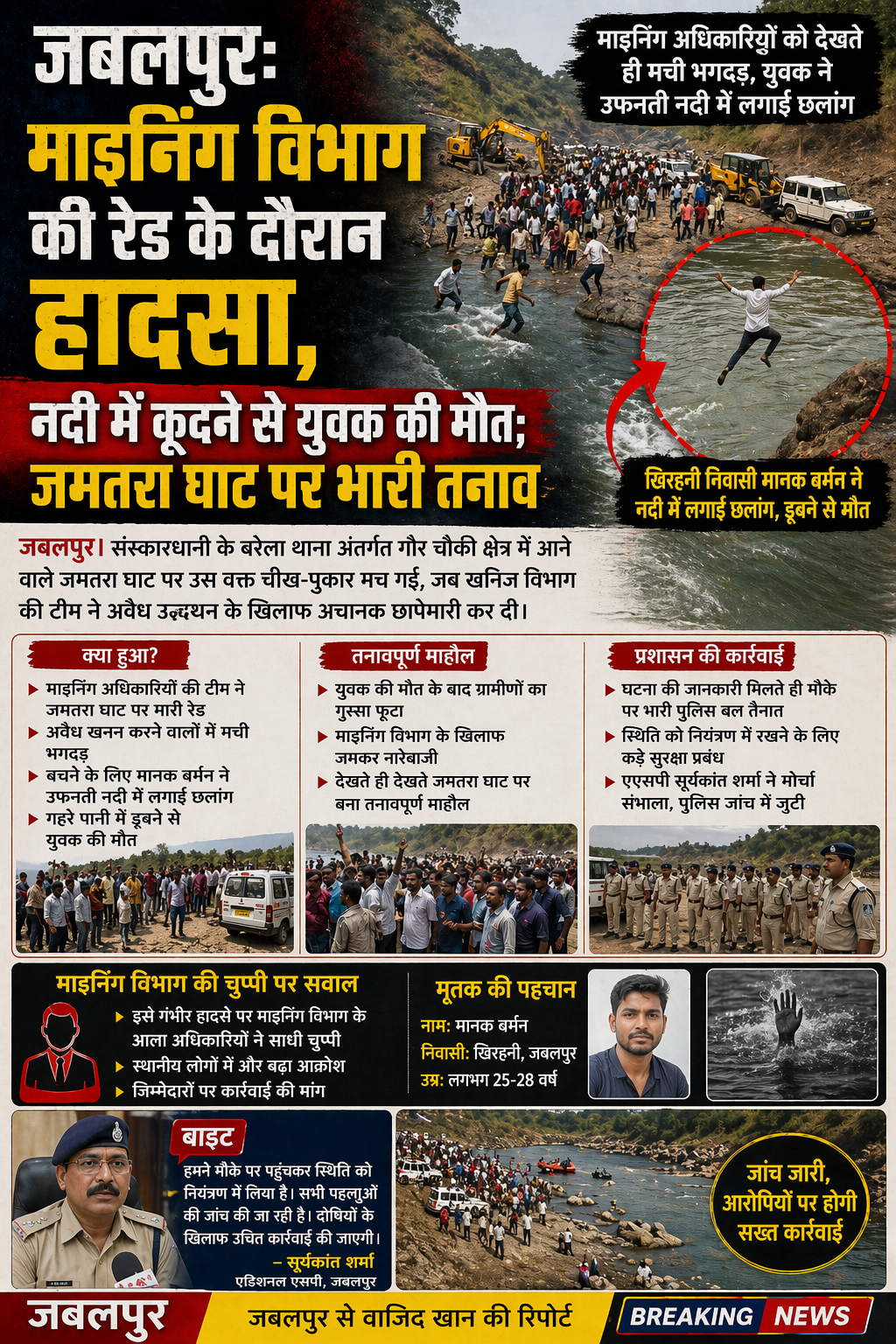 माइनिंग रेड में भगदड़, नदी में कूदे युवक की मौत; जमतरा घाट पर तनाव