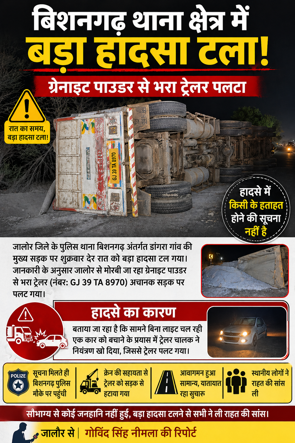 बिशनगढ़ थाना क्षेत्र में बड़ा हादसा टला, ग्रेनाइट पाउडर से भरा ट्रेलर पलटा