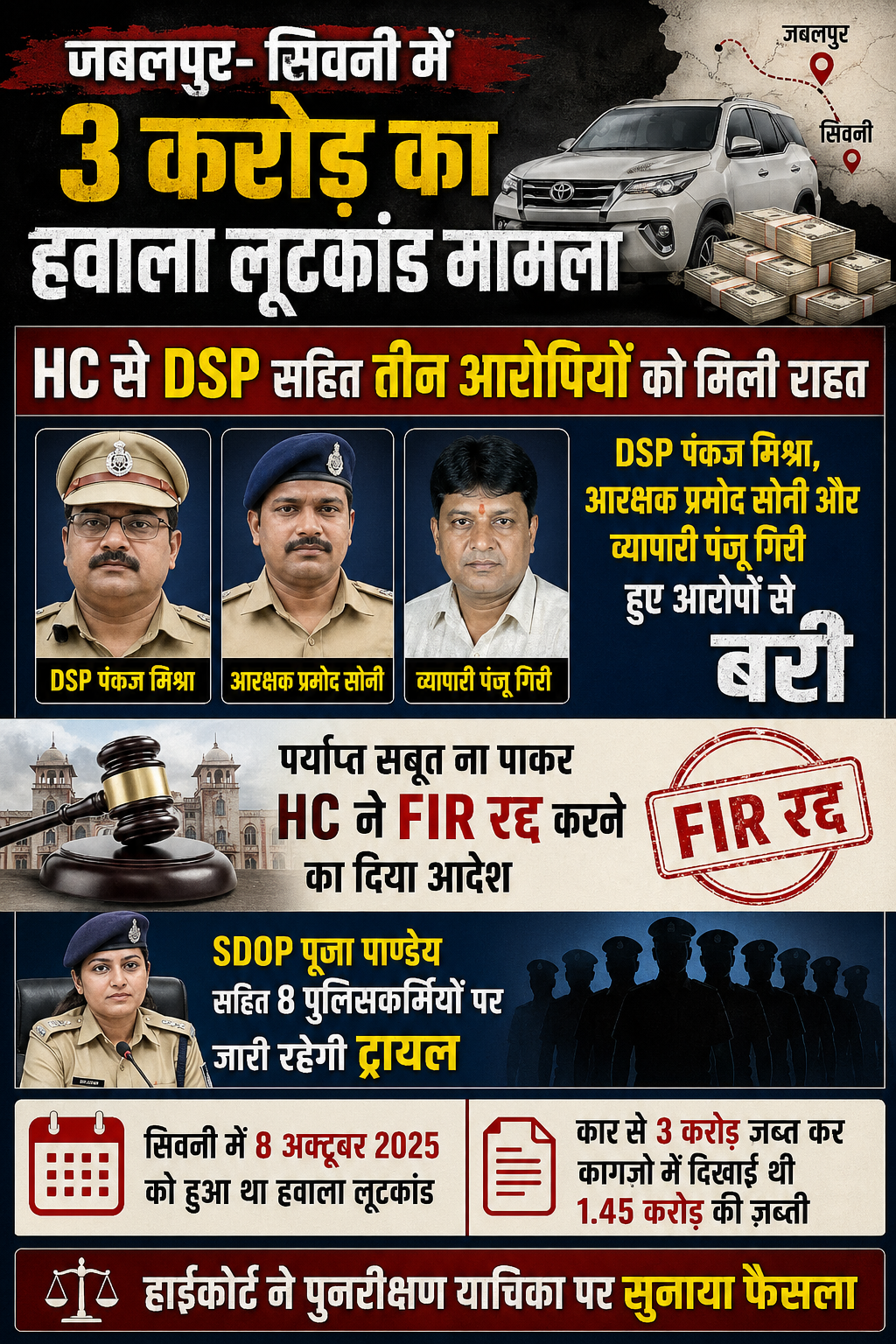 “3 करोड़ हवाला लूटकांड: हाईकोर्ट से DSP समेत तीन को राहत, 8 पुलिसकर्मियों पर ट्रायल जारी”