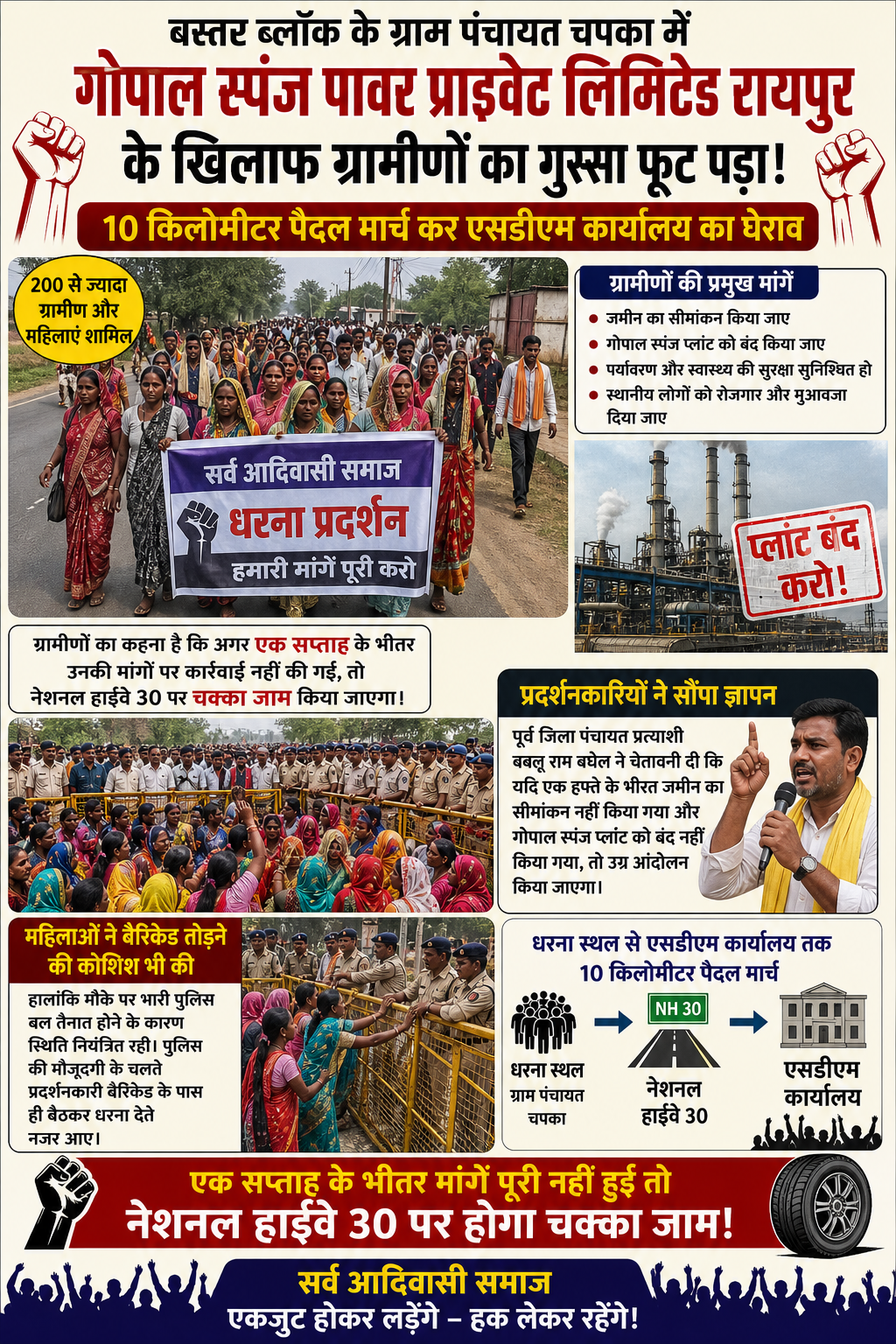 “बस्तर में उग्र विरोध: गोपाल स्पंज प्लांट के खिलाफ NH-30 तक पैदल मार्च, चक्का जाम की चेतावनी”
