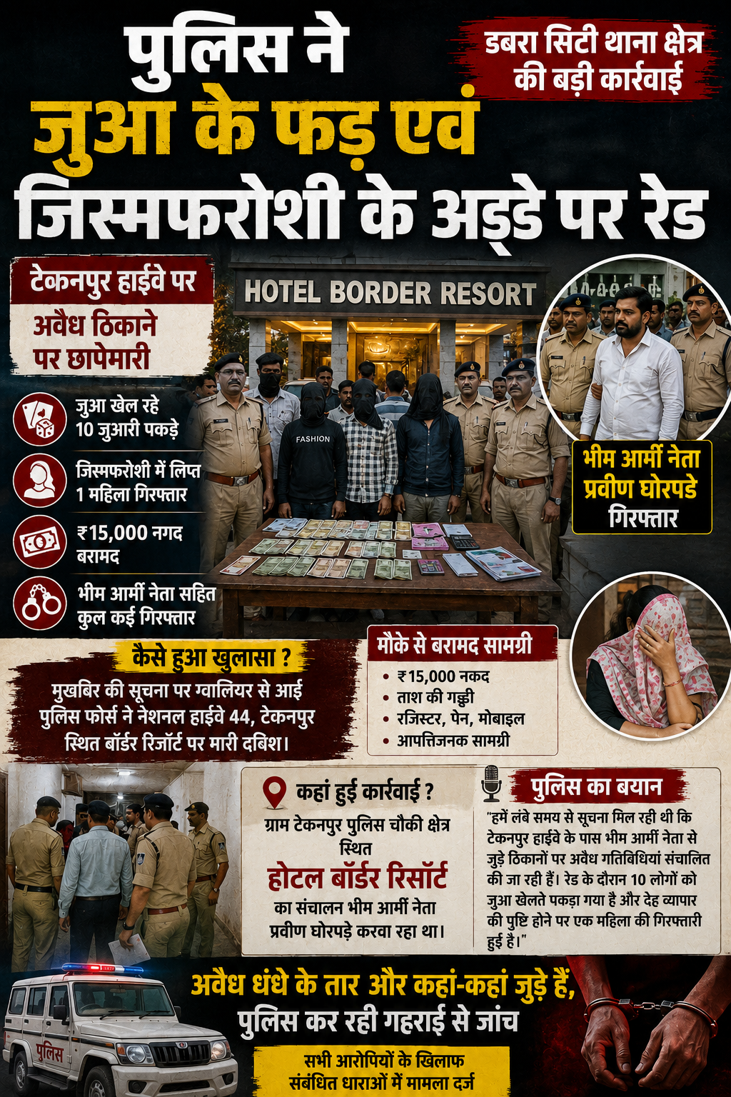 टेकनपुर हाईवे पर पुलिस की रेड, जुआ और देह व्यापार का भंडाफोड़