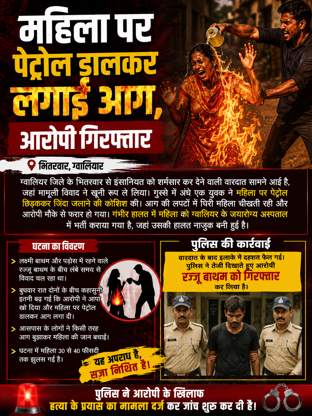 महिला पर पेट्रोल डालकर जिंदा जलाने की कोशिश
