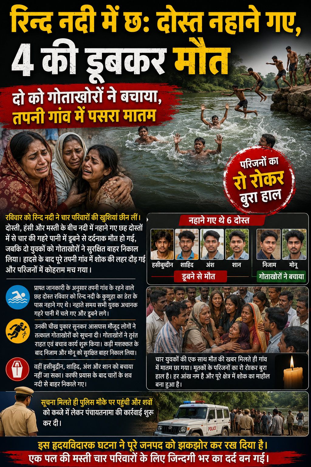 रिन्द नदी में दर्दनाक हादसा: 6 दोस्तों में 4 की डूबकर मौत