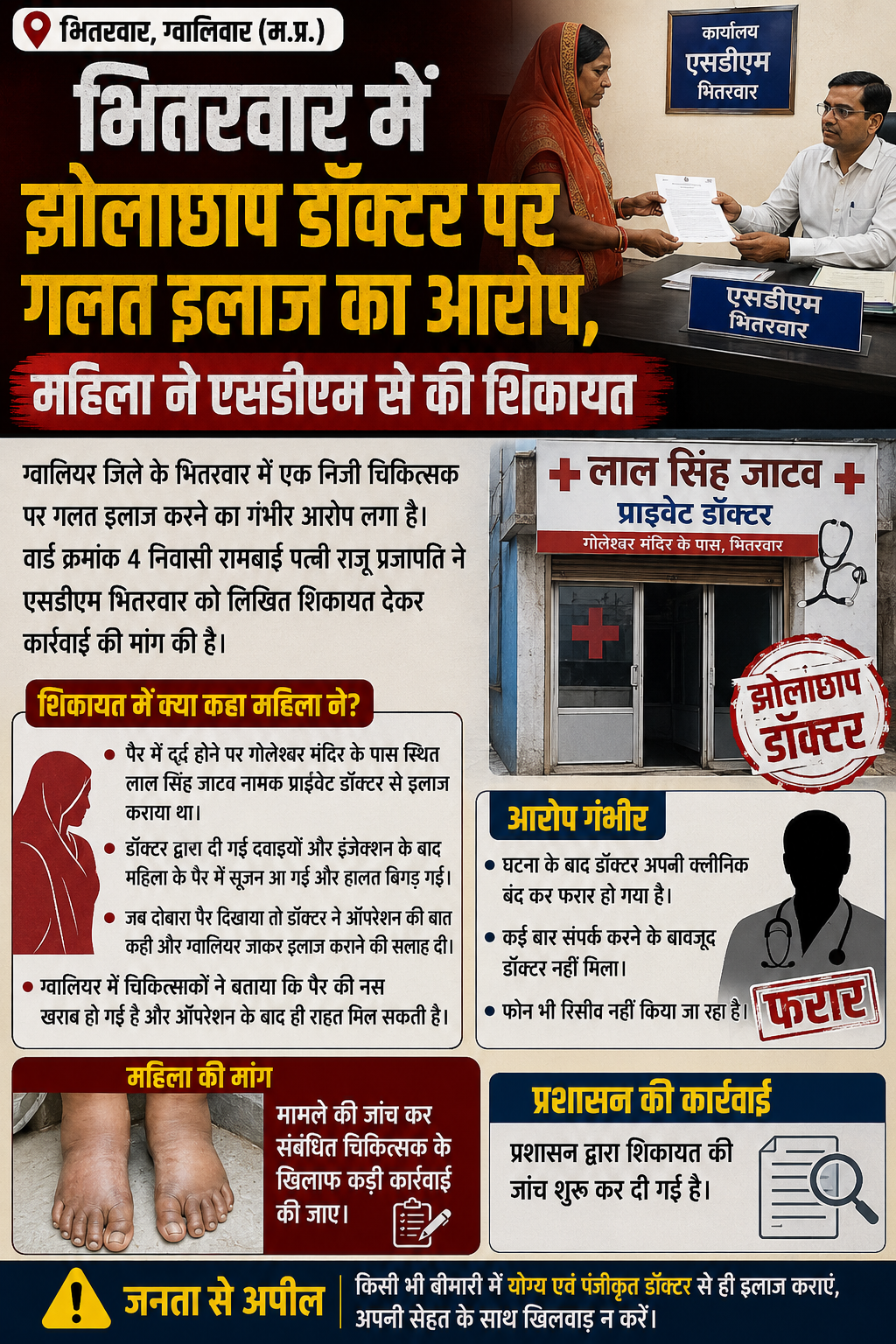भितरवार में झोलाछाप डॉक्टर पर गलत इलाज का आरोप, महिला ने की कार्रवाई की मांग
