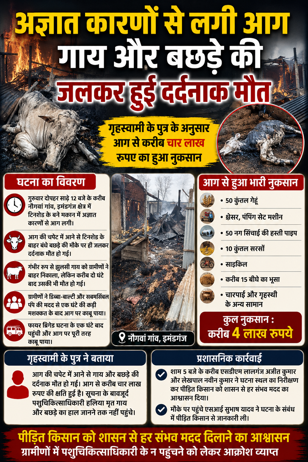 ड्रमंडगंज में भीषण आग: गाय और बछड़े की जलकर मौत, लाखों का नुकसान