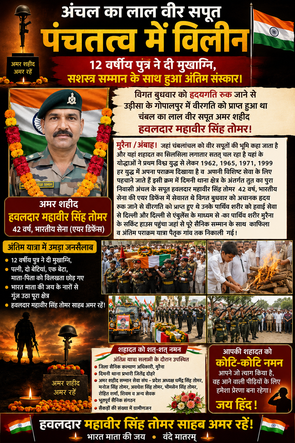 वीर सपूत महावीर सिंह तोमर पंचतत्व में विलीन