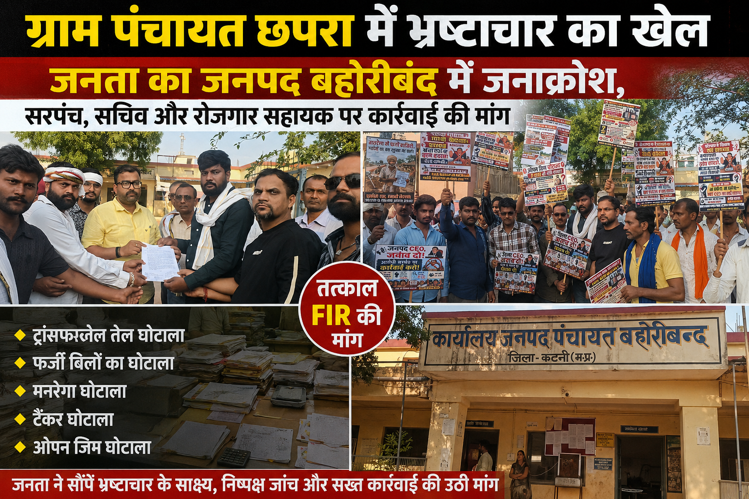 ग्राम पंचायत छपरा सरपंच, सचिव एवं रोजगार सहायक पर तत्काल एफआईआर की मांग, भ्रष्टाचार के खिलाफ आक्रोशित हुई जनता, भारी संख्या में ग्रामीण पहुंचे जनपद पंचायत बहोरीबंद