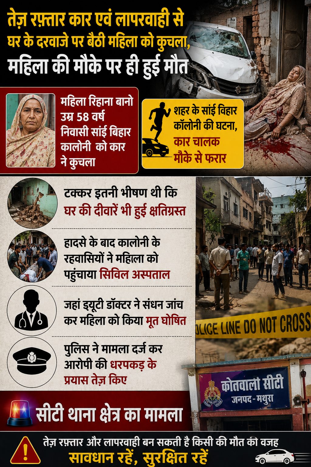 तेज रफ्तार कार ने महिला को कुचला, मौत