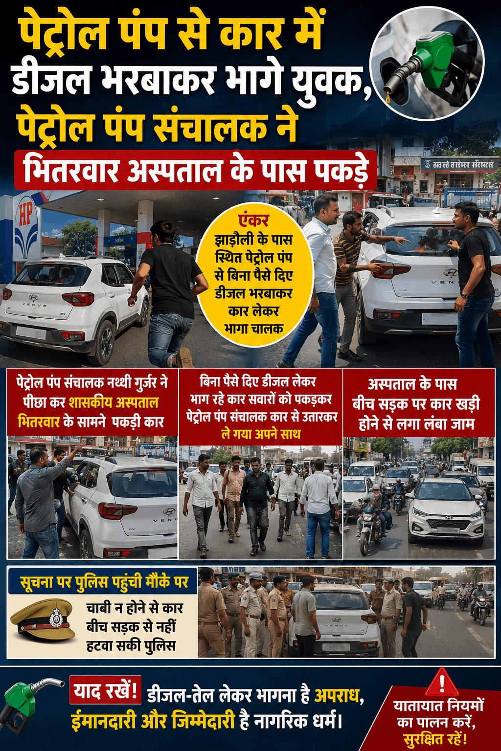 डीजल भरवाकर भागे कार सवार, पेट्रोल पंप संचालक ने पीछा कर दबोचा