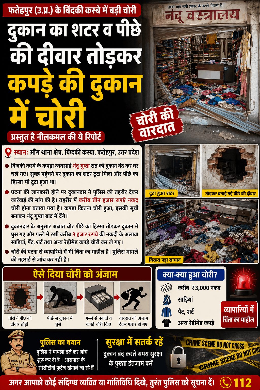 शटर और दीवार तोड़ कपड़े की दुकान में चोरी