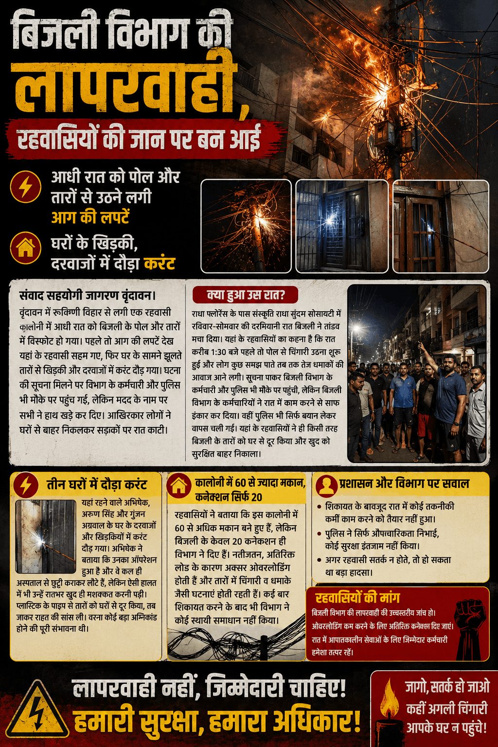 आधी रात बिजली पोल में धमाके, घरों में दौड़ा करंट