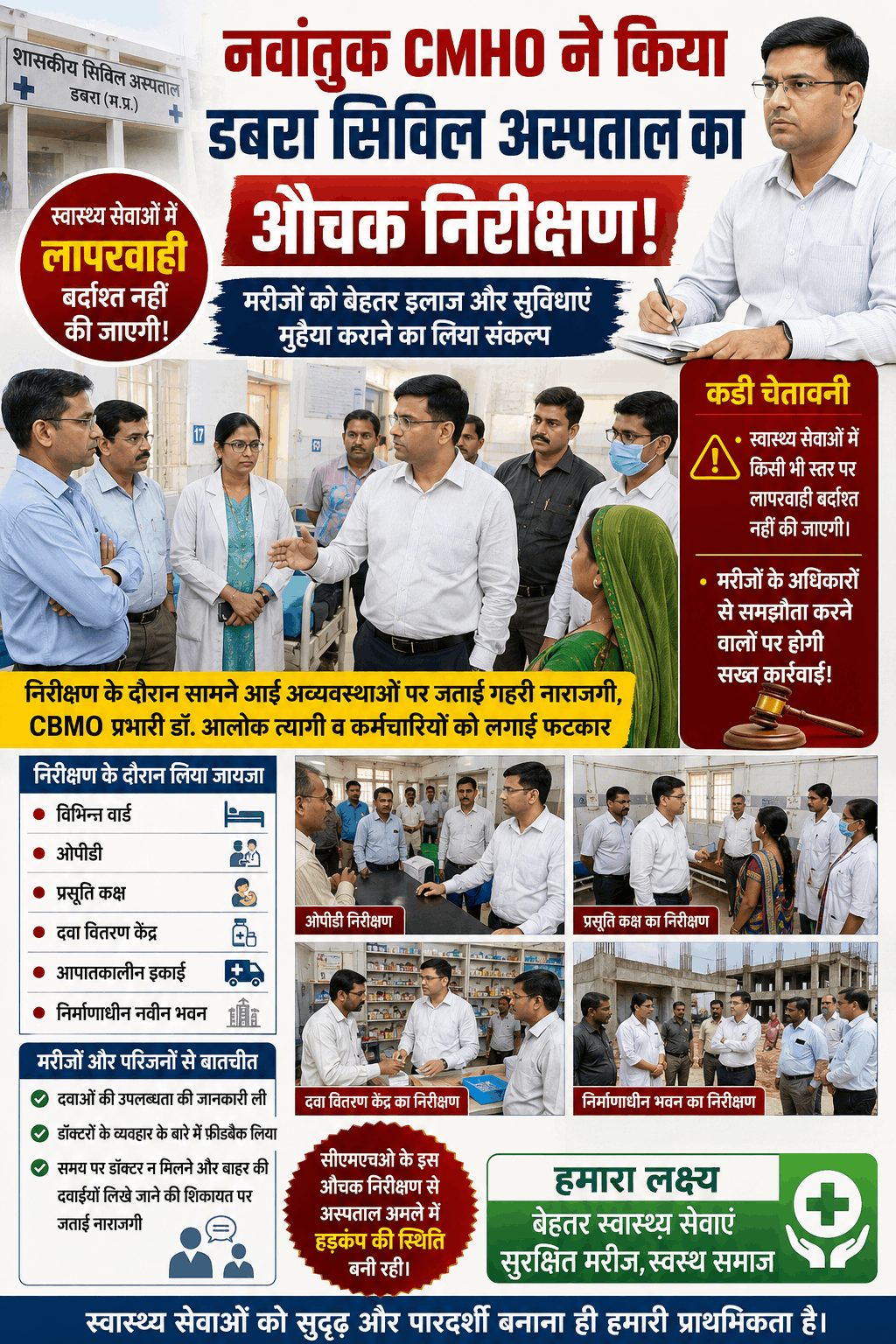 “नवागत CMHO का डबरा सिविल अस्पताल पर औचक निरीक्षण, अव्यवस्थाओं पर फटकार”