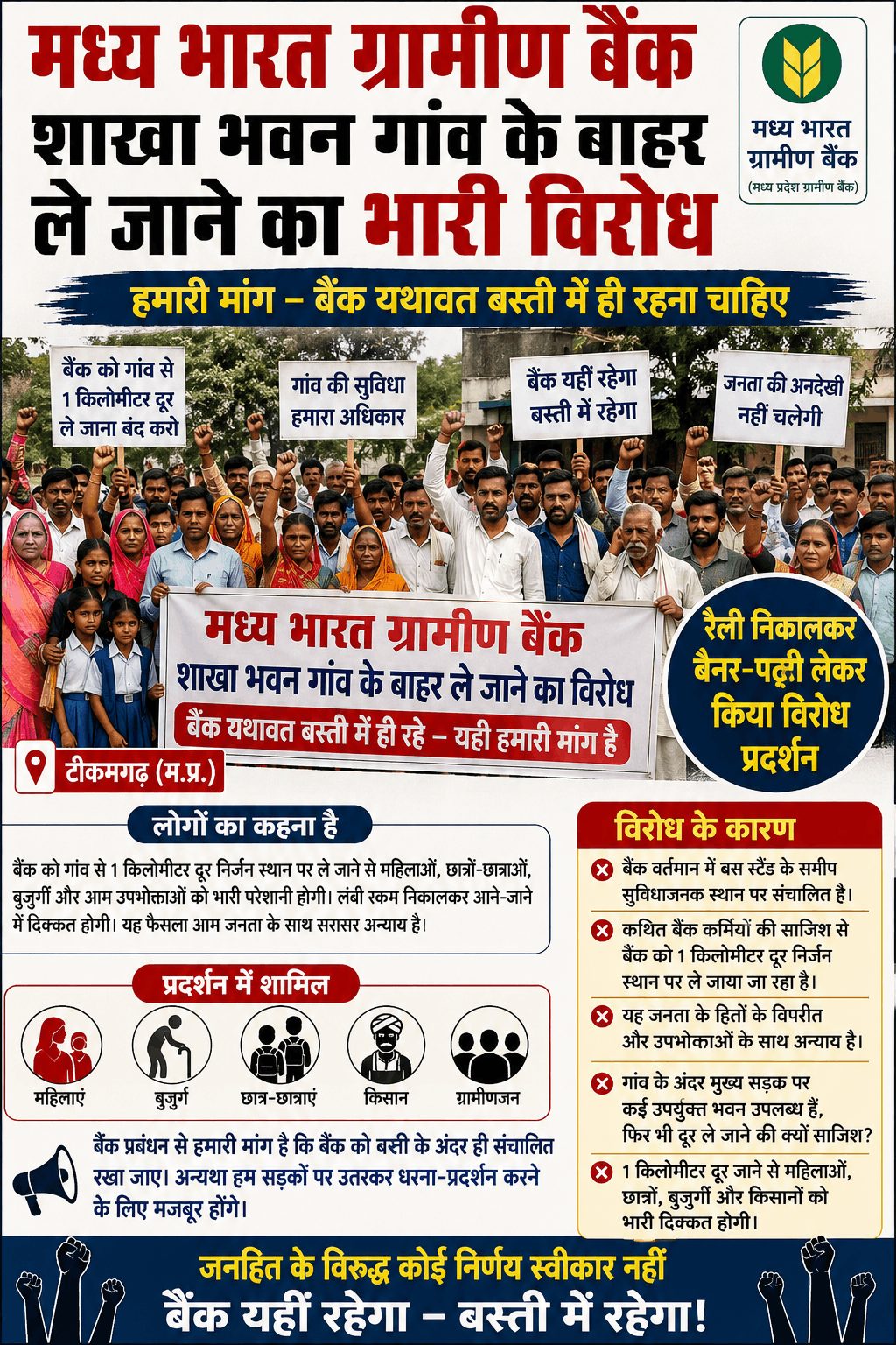 “गांव से बाहर बैंक शिफ्ट करने का विरोध, ग्रामीणों ने निकाली रैली”