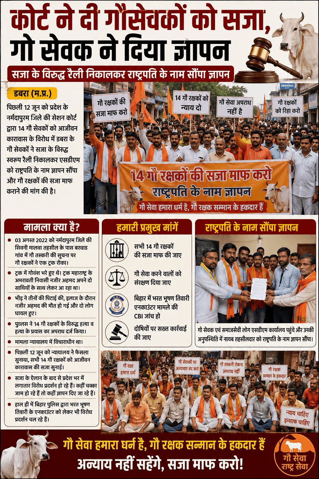 “गौसेवकों को उम्रकैद के विरोध में डबरा में प्रदर्शन, राष्ट्रपति के नाम सौंपा ज्ञापन”