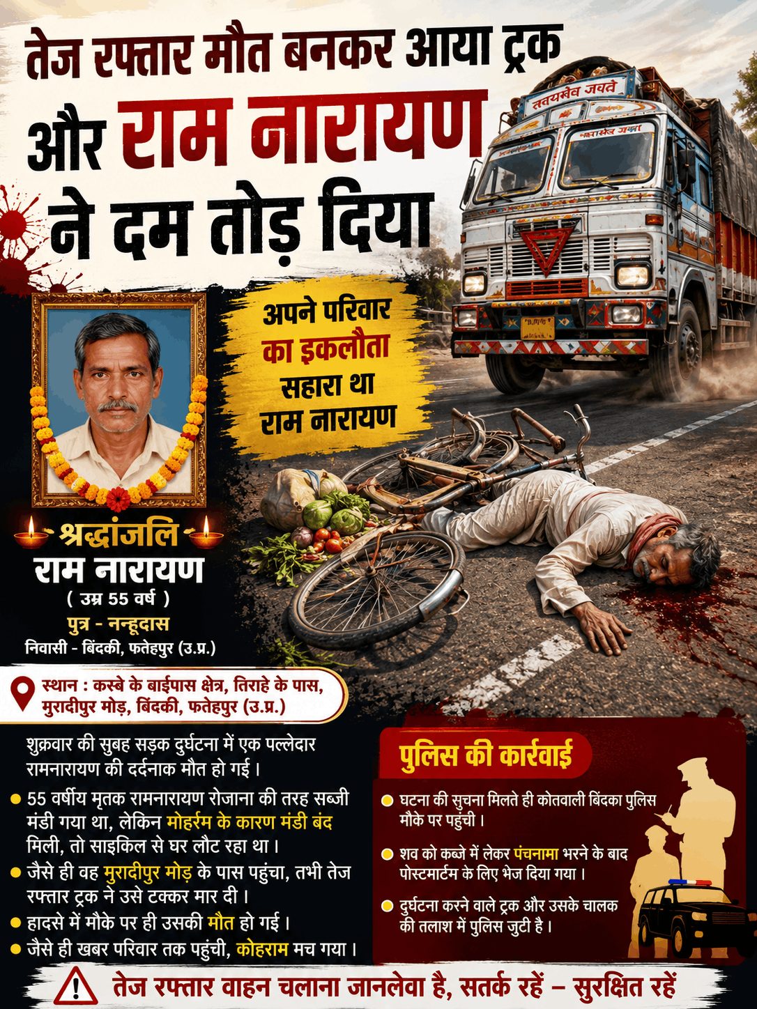 “तेज रफ्तार ट्रक ने छीनी जिंदगी, पल्लेदार रामनारायण की दर्दनाक मौत”
