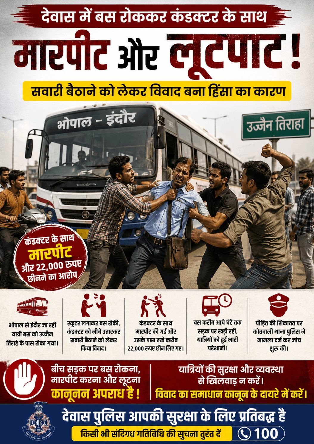 देवास में बस रोककर कंडक्टर से मारपीट, ₹22 हजार लूटने का आरोप