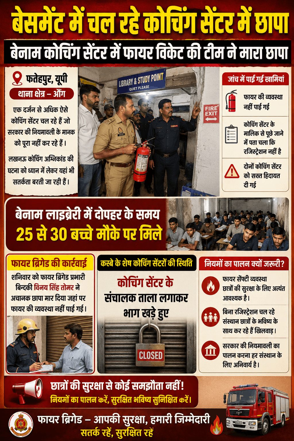 औंग में अवैध कोचिंग सेंटरों पर छापा, फायर सुरक्षा व्यवस्था न मिलने पर चेतावनी