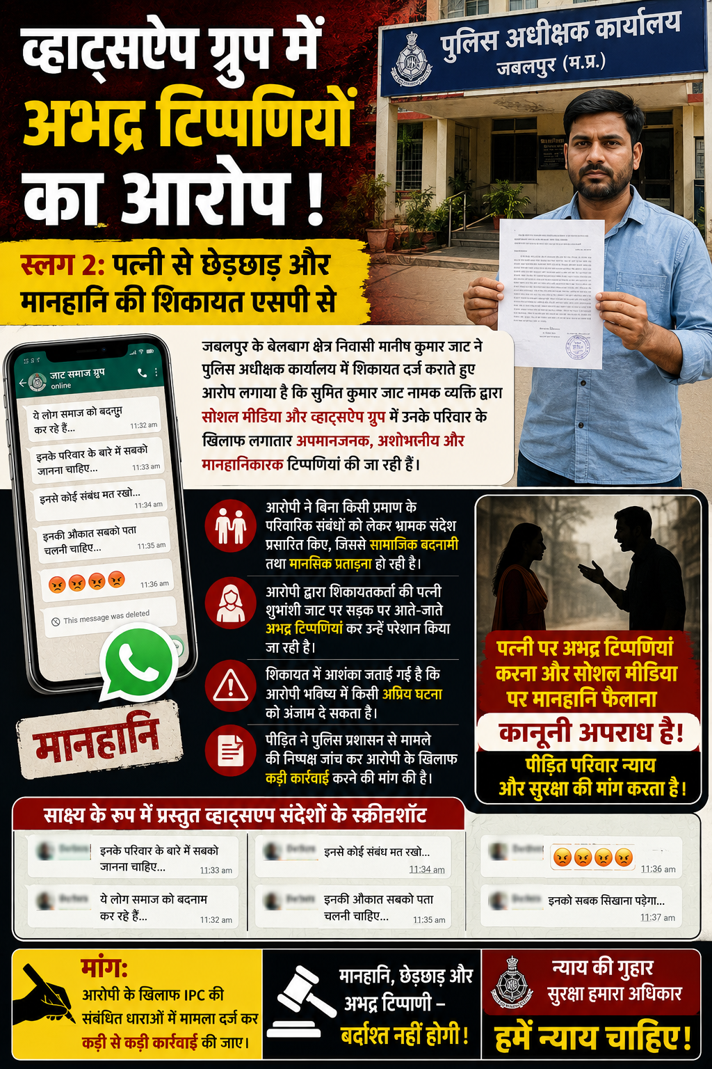 व्हाट्सऐप पर अभद्र टिप्पणियों का आरोप, एसपी से कार्रवाई की मांग