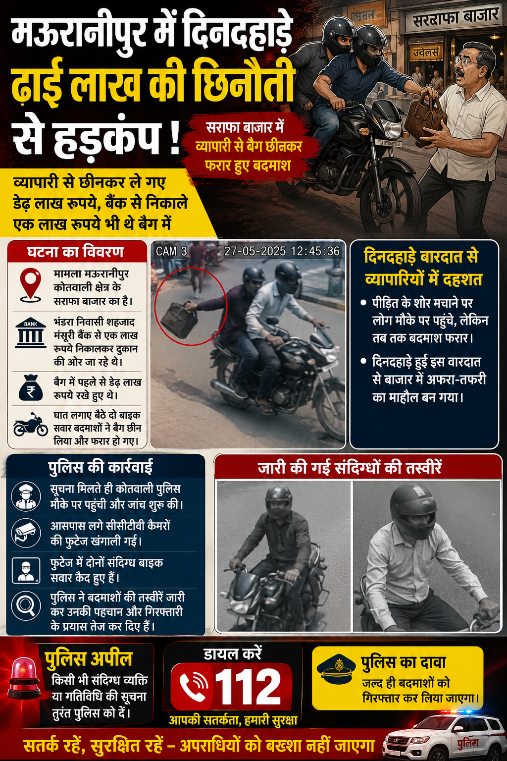 दिनदहाड़े ढाई लाख की छिनौती, सीसीटीवी में कैद हुए बदमाश