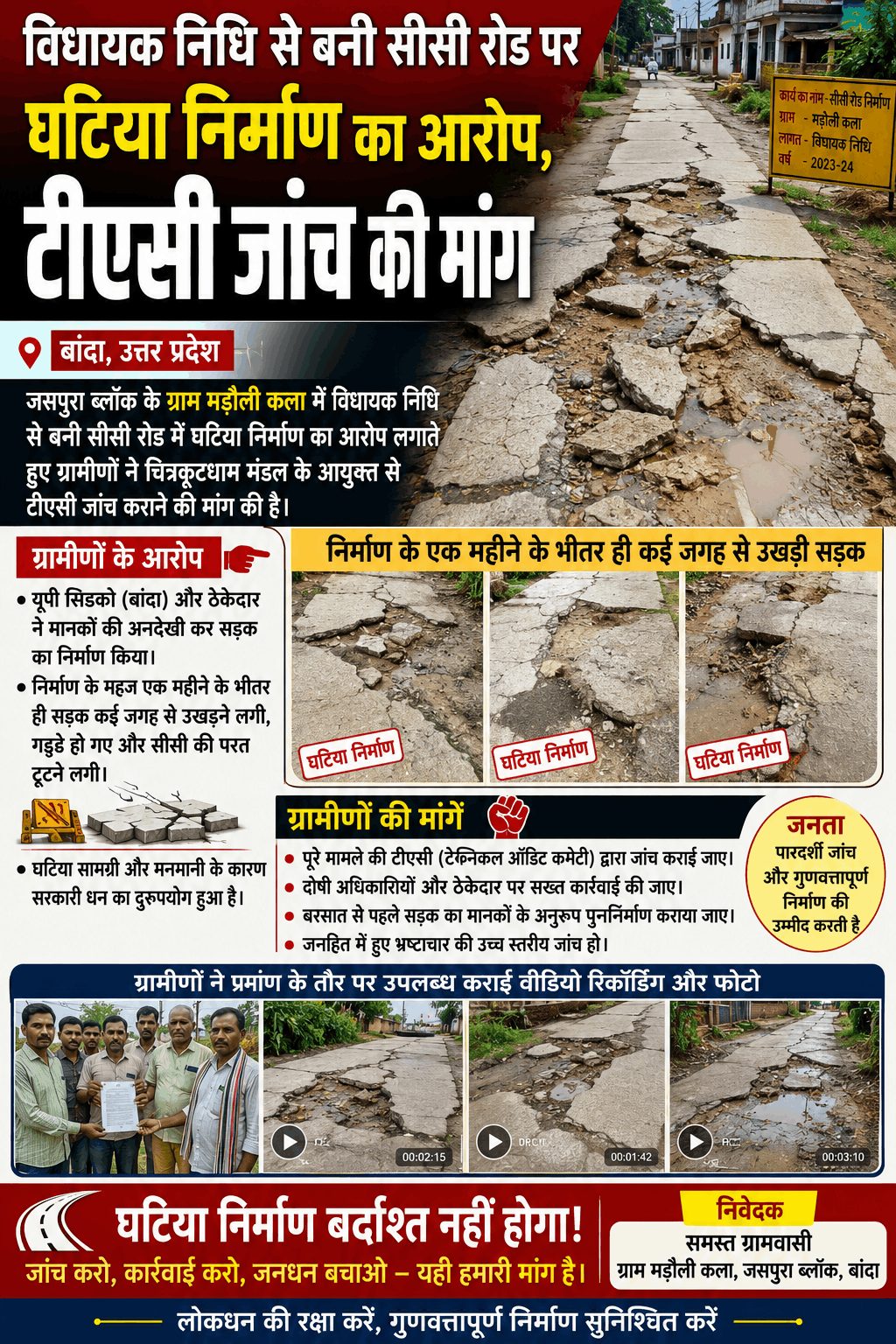 “सीसी रोड में घटिया निर्माण का आरोप, ग्रामीणों ने मांगी टीएसी जांच”