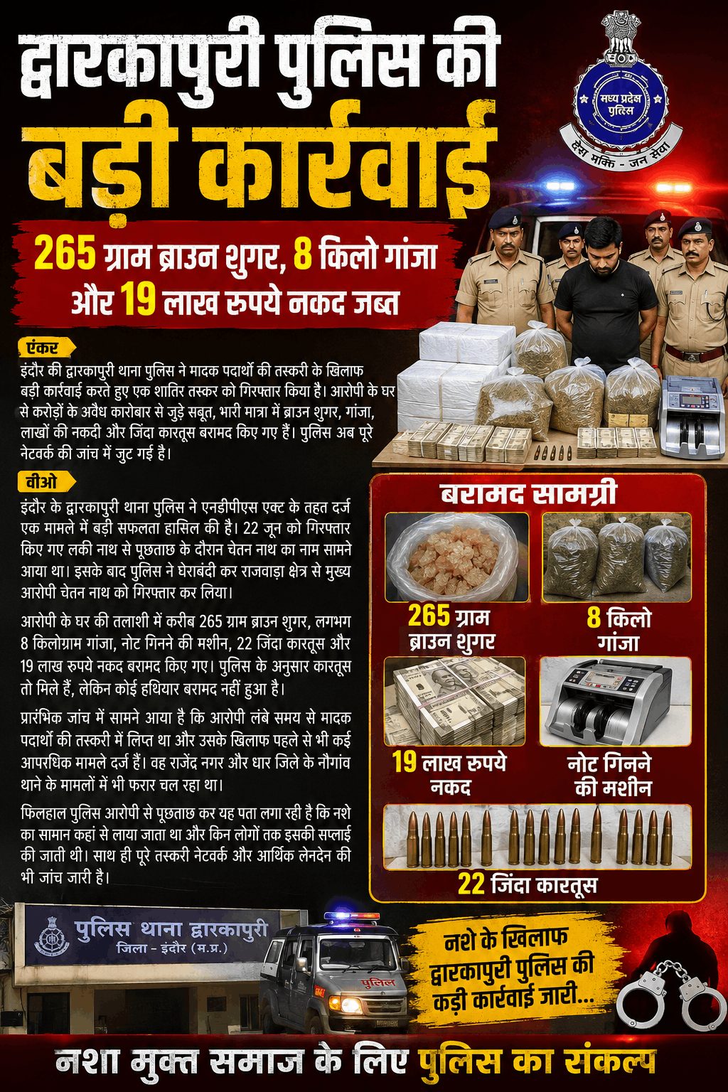 द्वारकापुरी पुलिस की बड़ी कार्रवाई, 265 ग्राम ब्राउन शुगर और 8 किलो गांजा जब्त