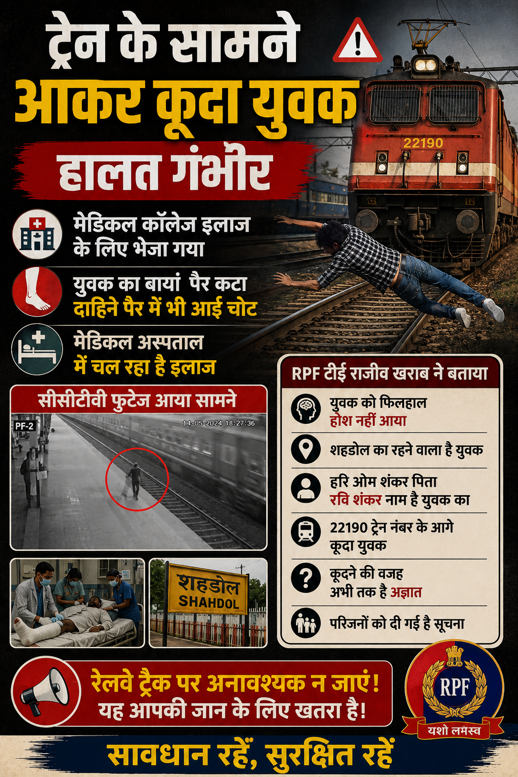 ट्रेन के सामने कूदा युवक, एक पैर कटा; हालत गंभीर