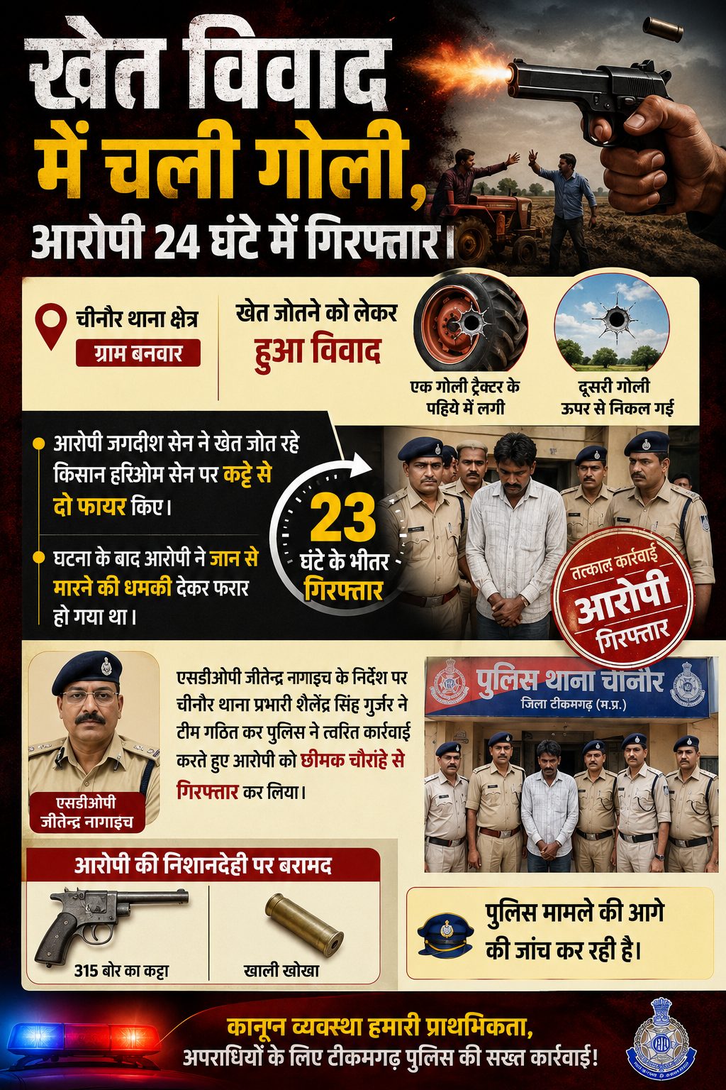 “खेत विवाद में फायरिंग, 23 घंटे में आरोपी गिरफ्तार”