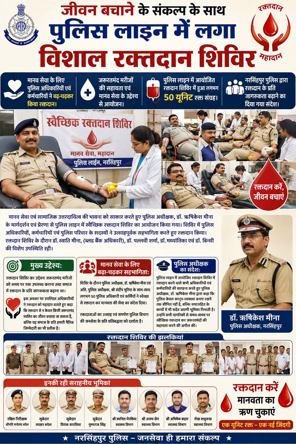 पुलिस लाइन में विशाल रक्तदान शिविर, 50 यूनिट रक्त संग्रह