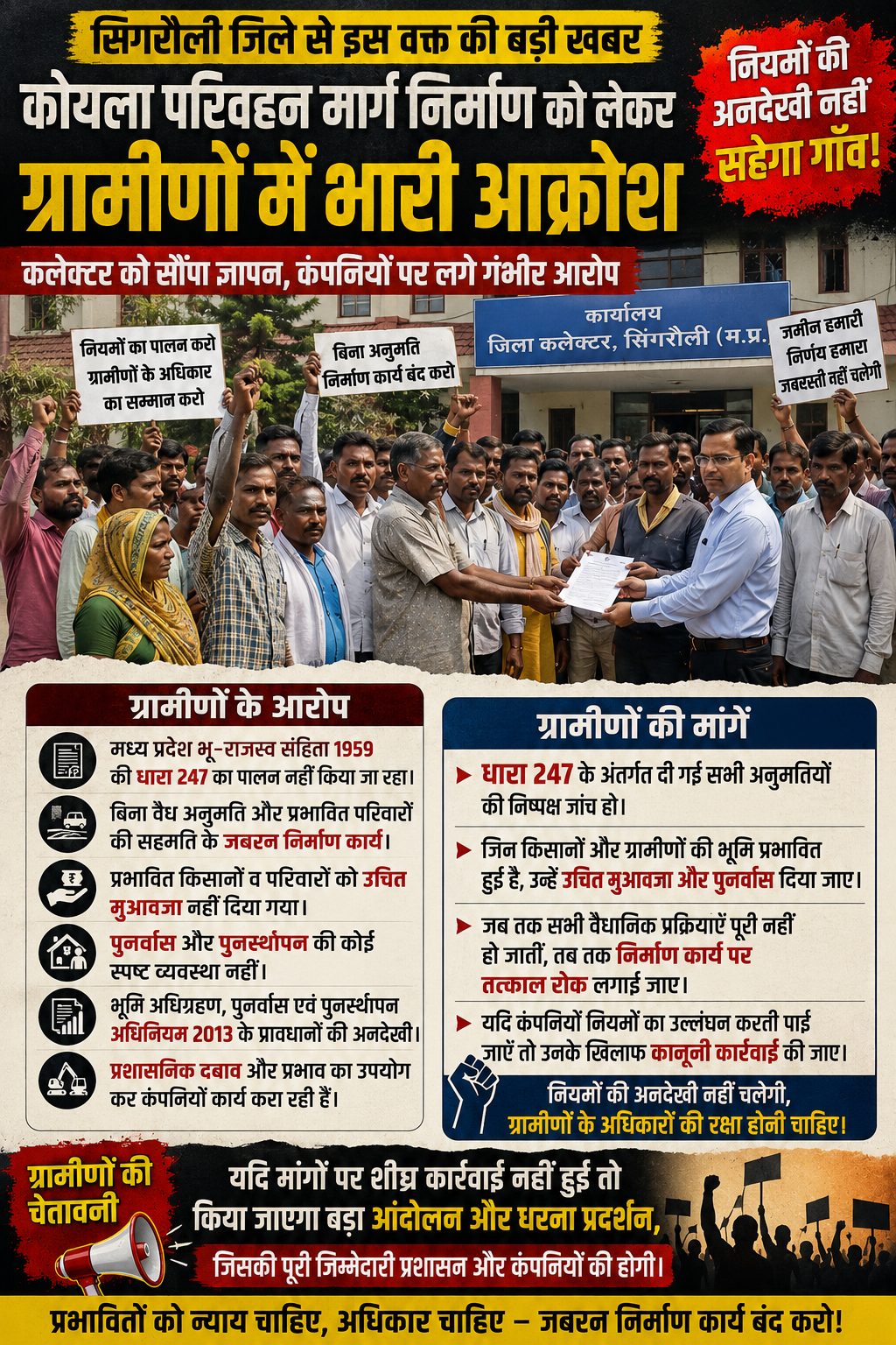 कोयला मार्ग निर्माण पर भड़के ग्रामीण, कलेक्टर को सौंपा ज्ञापन