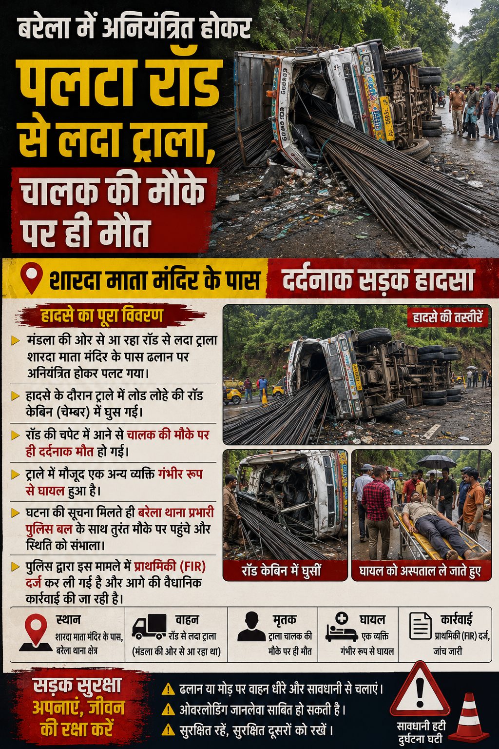 बरेला में रॉड लदा ट्राला पलटा, चालक की मौत