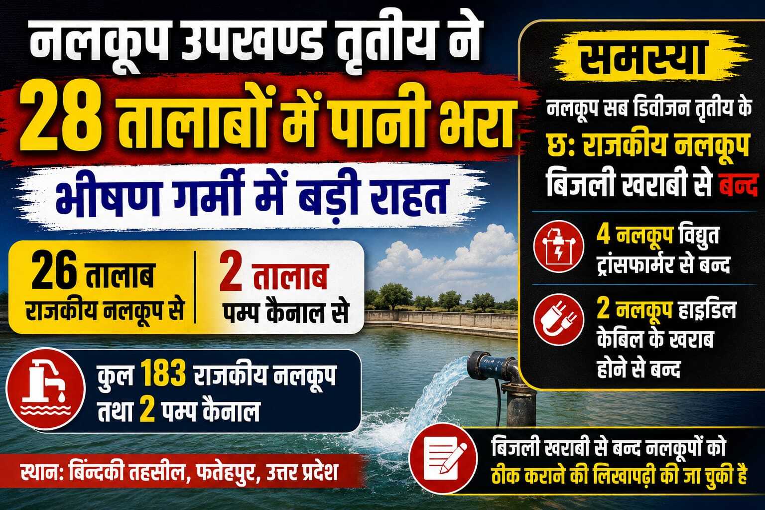 भीषण गर्मी में 28 तालाबों को मिला पानी, 6 राजकीय नलकूप बिजली खराबी से बंद