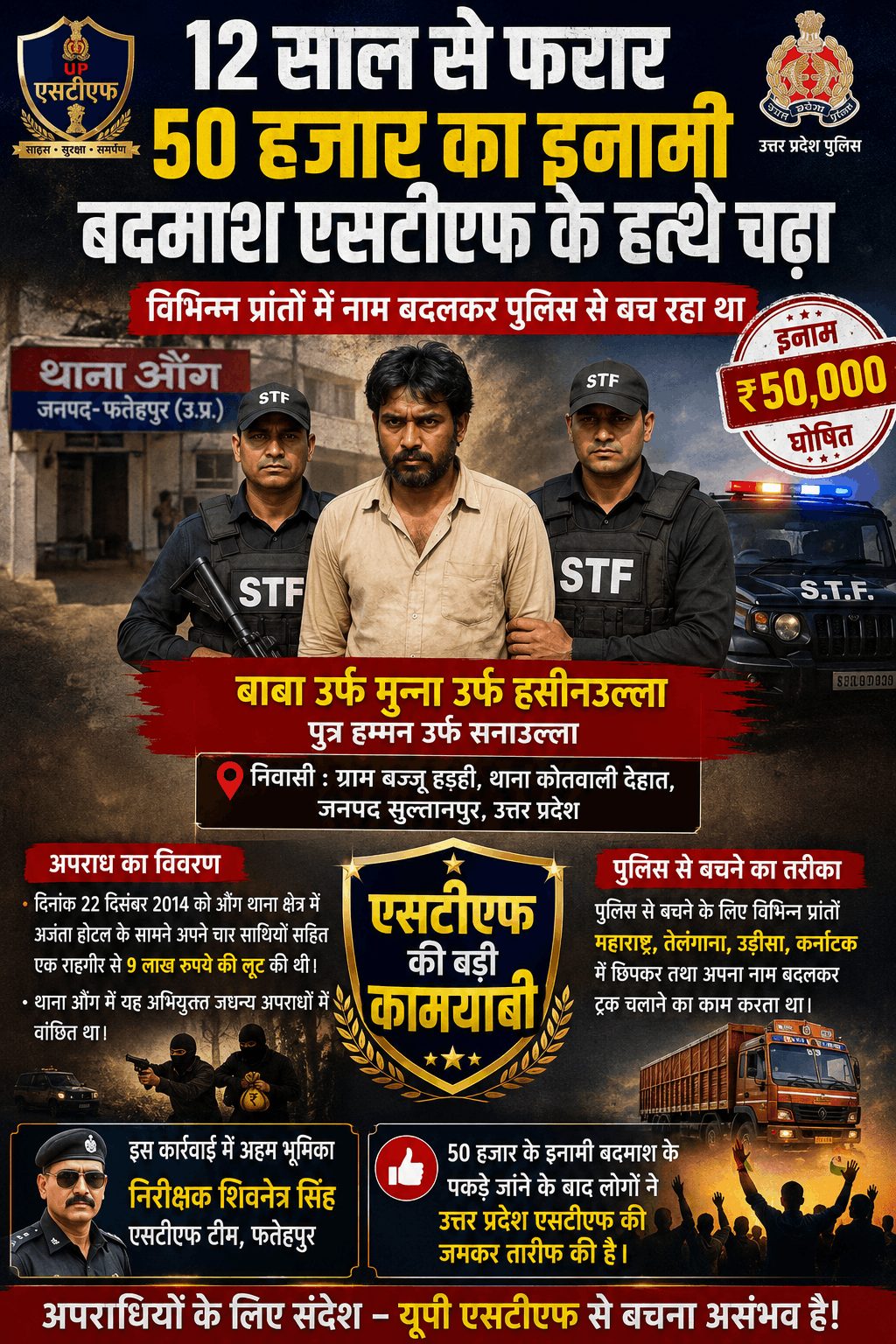 12 साल बाद 50 हजार का इनामी बदमाश गिरफ्तार