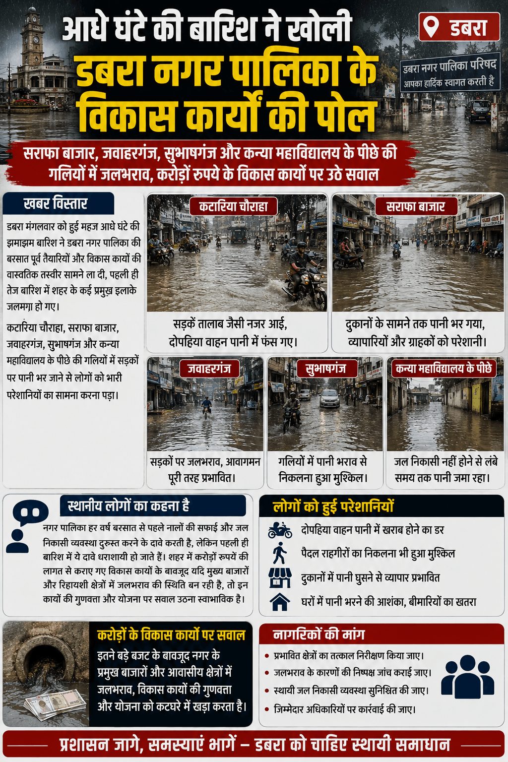 आधे घंटे की बारिश में डबरा हुआ जलमग्न