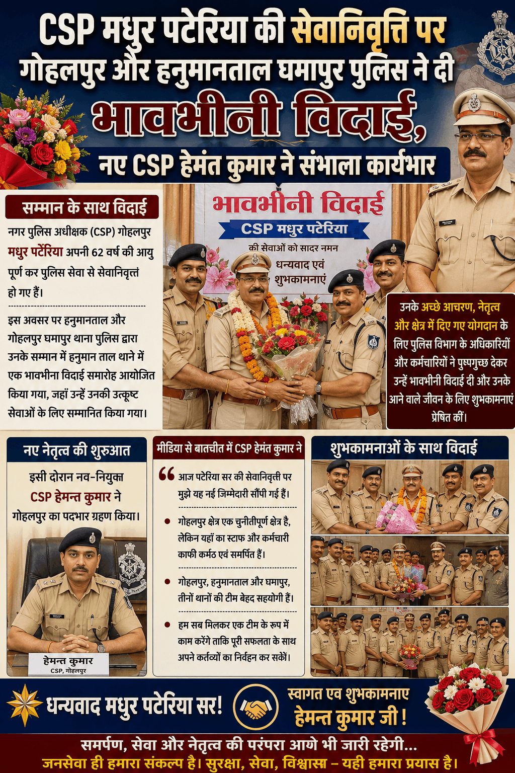 CSP मधुर पटेरिया को भावभीनी विदाई, हेमंत कुमार ने संभाला कार्यभार