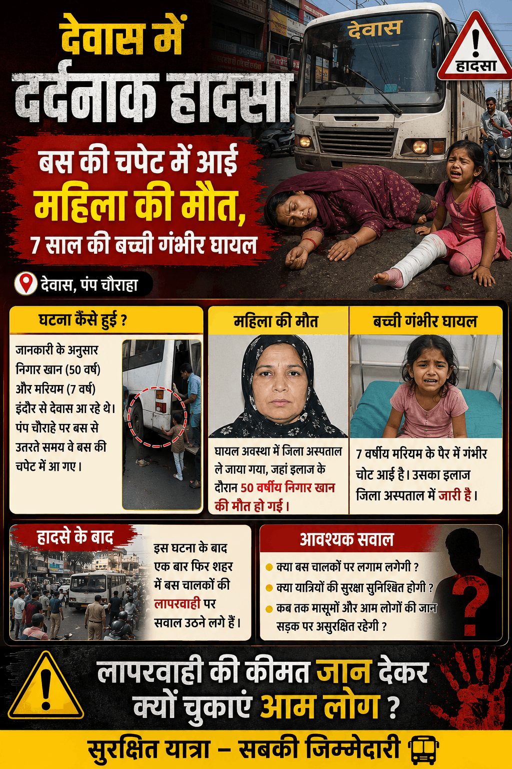देवास में बस हादसा: महिला की मौत, 7 साल की बच्ची गंभीर घायल