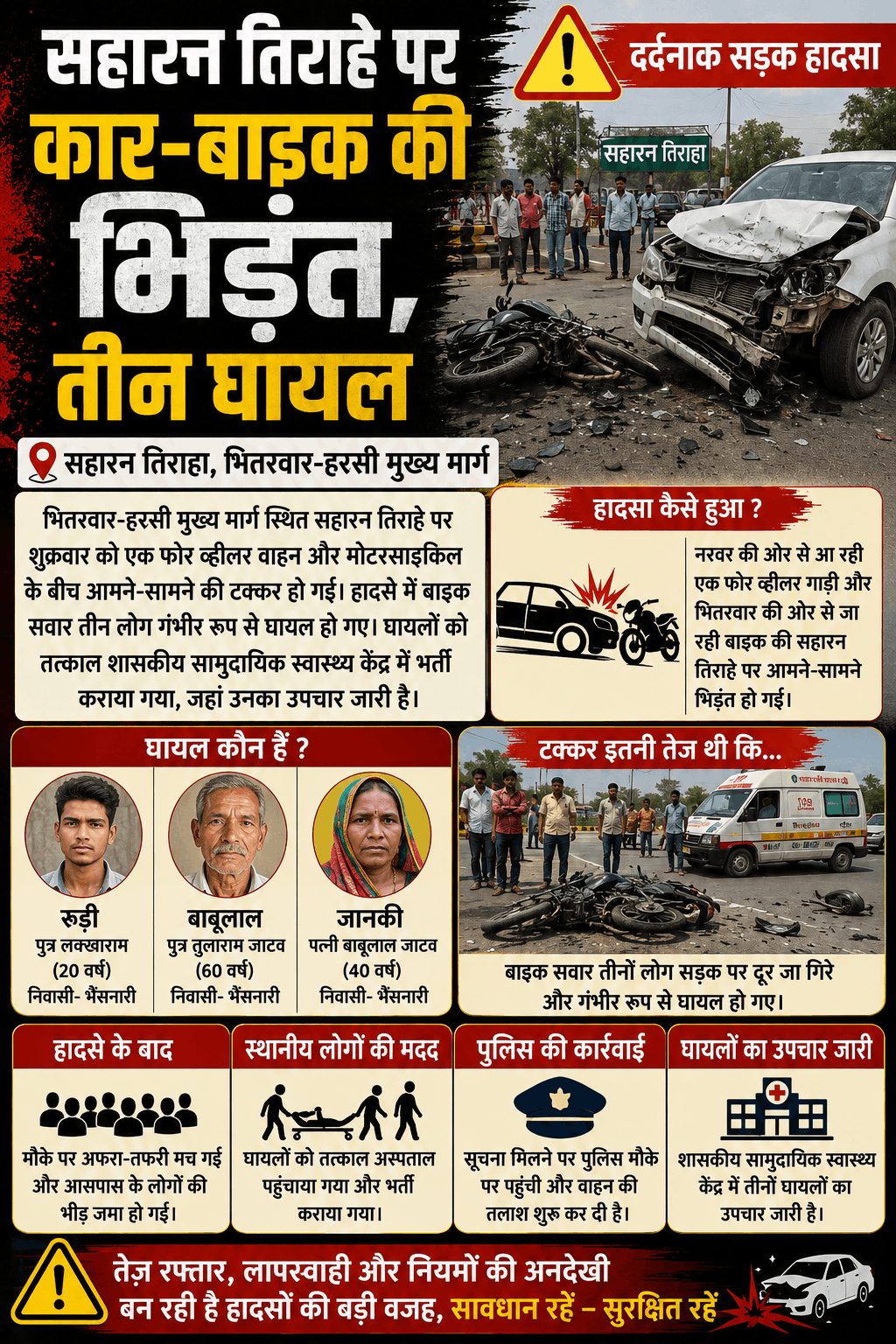 सहारन तिराहे पर कार-बाइक भिड़ंत, तीन गंभीर घायल