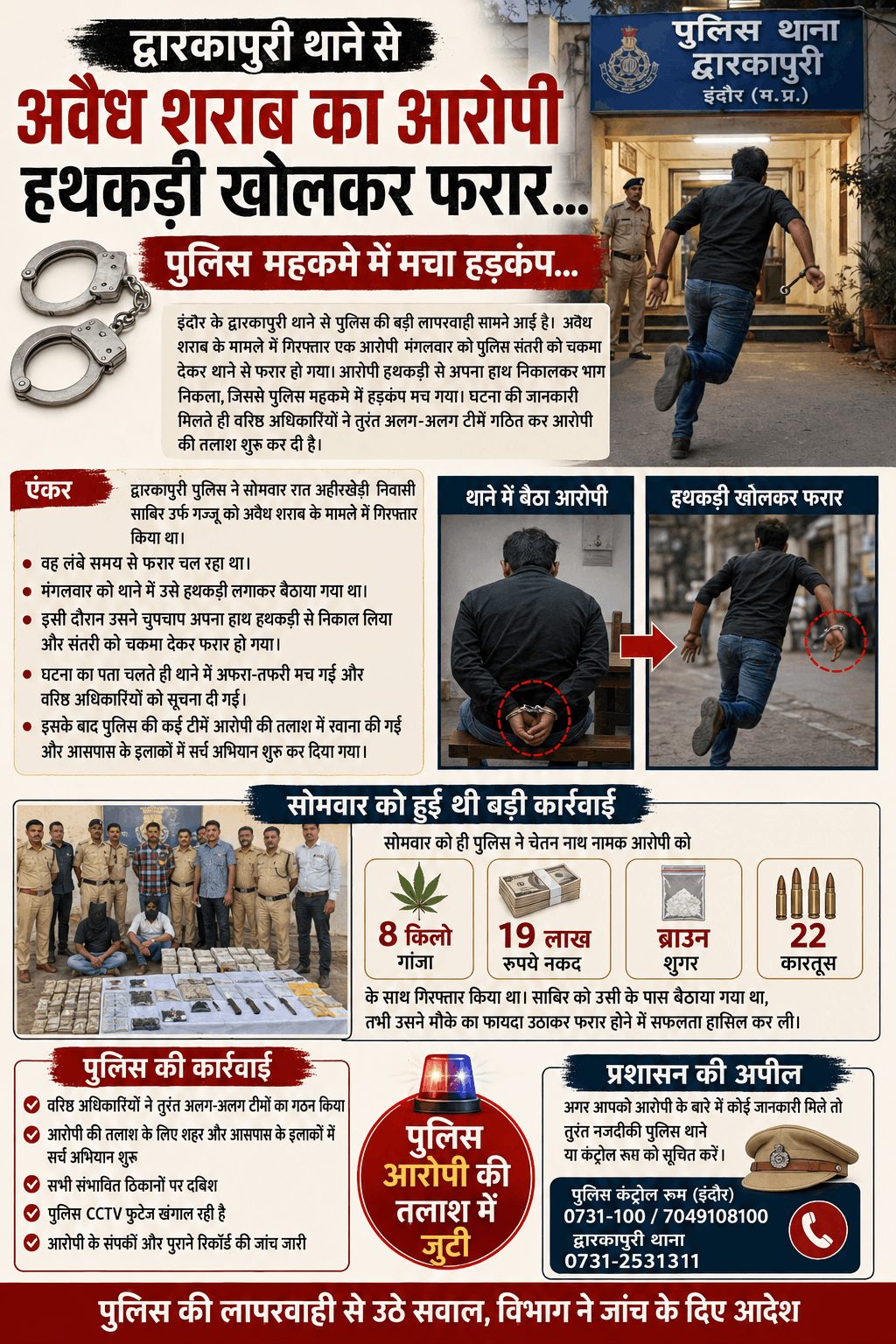 द्वारकापुरी थाने से हथकड़ी खोल फरार हुआ शराब तस्कर, पुलिस में हड़कंप