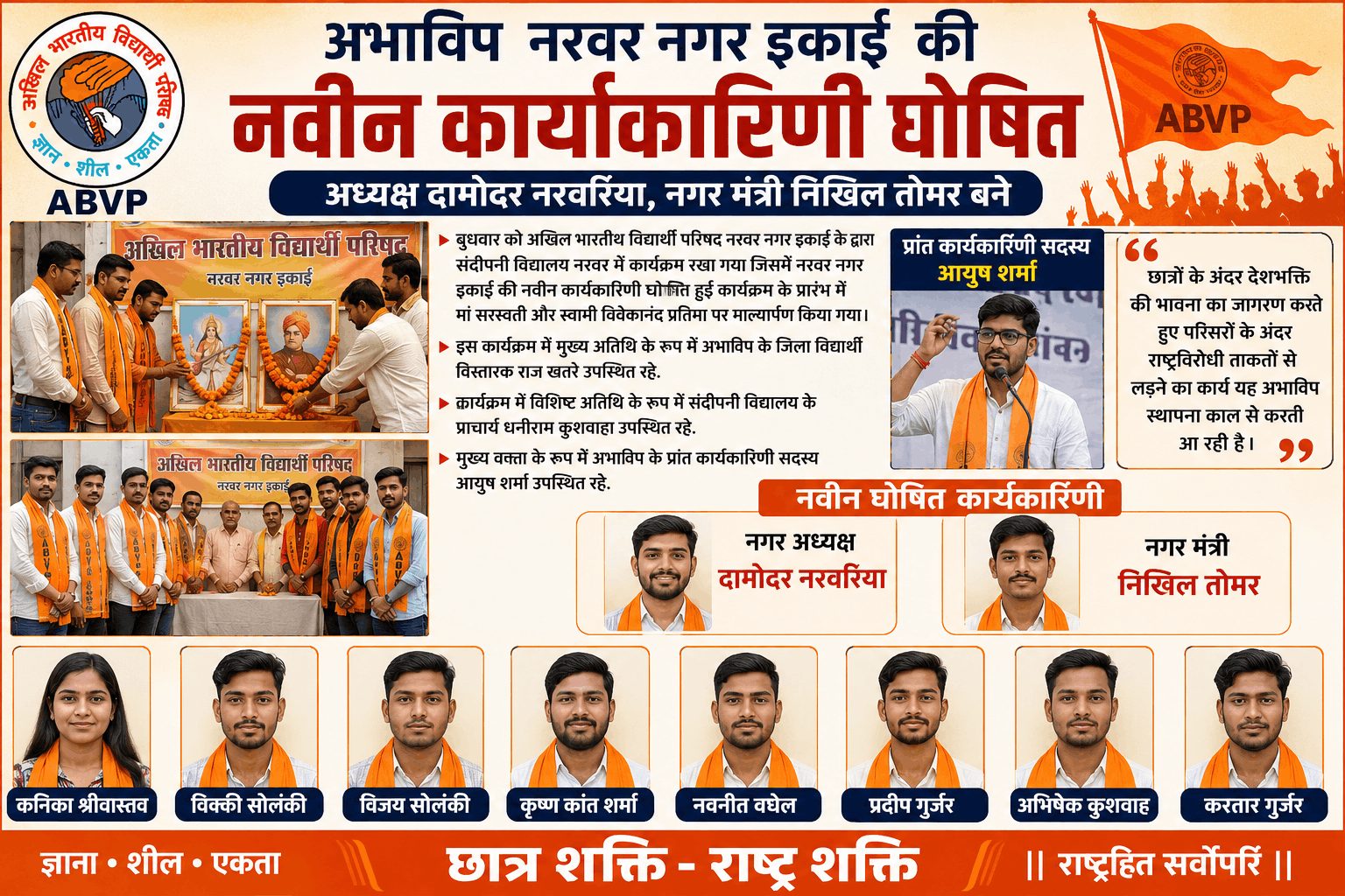 नरवर में ABVP की नई कार्यकारिणी घोषित, दामोदर अध्यक्ष बने