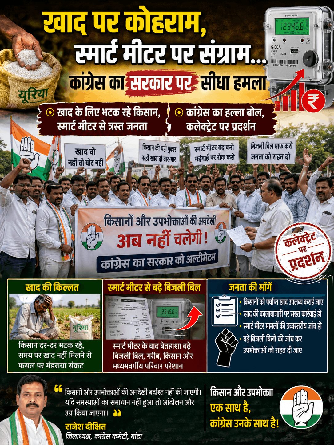 खाद संकट और स्मार्ट मीटर पर कांग्रेस का हल्ला बोल