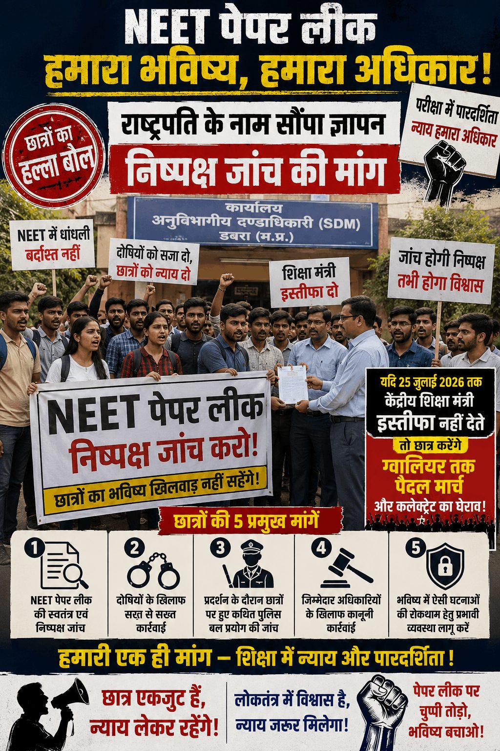 NEET पेपर लीक पर छात्रों का प्रदर्शन, राष्ट्रपति के नाम ज्ञापन