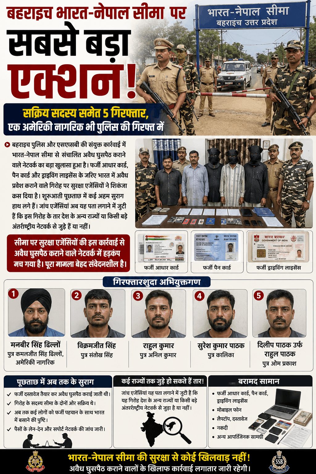 भारत-नेपाल सीमा पर घुसपैठ नेटवर्क का बड़ा खुलासा, 5 गिरफ्तार