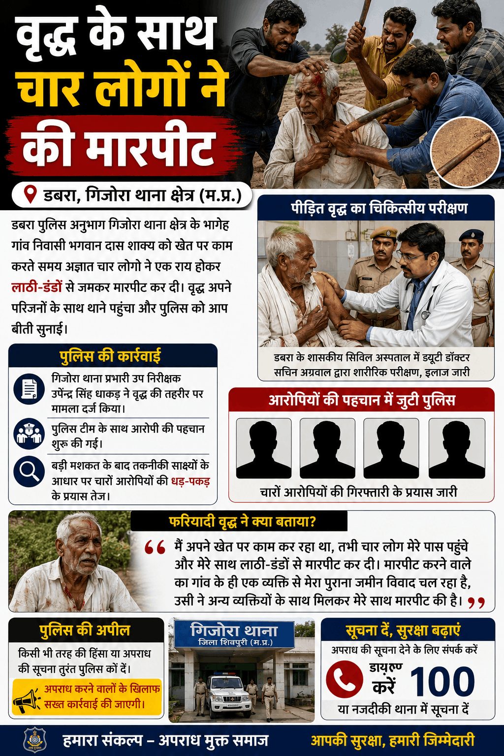 वृद्ध पर लाठी-डंडों से हमला, चार आरोपियों की तलाश