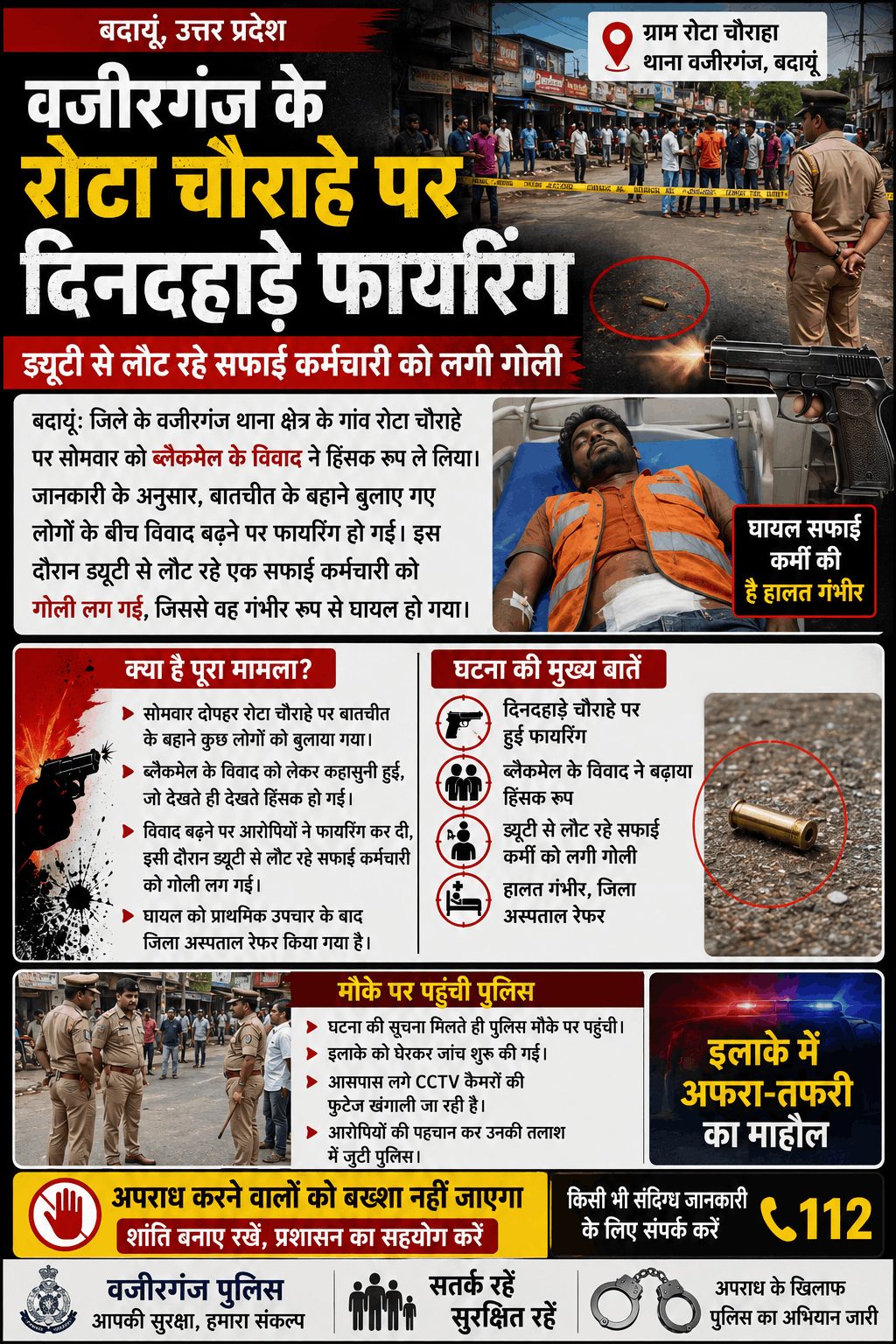 बदायूं: रोटा चौराहे पर दिनदहाड़े फायरिंग, सफाई कर्मचारी को लगी गोली