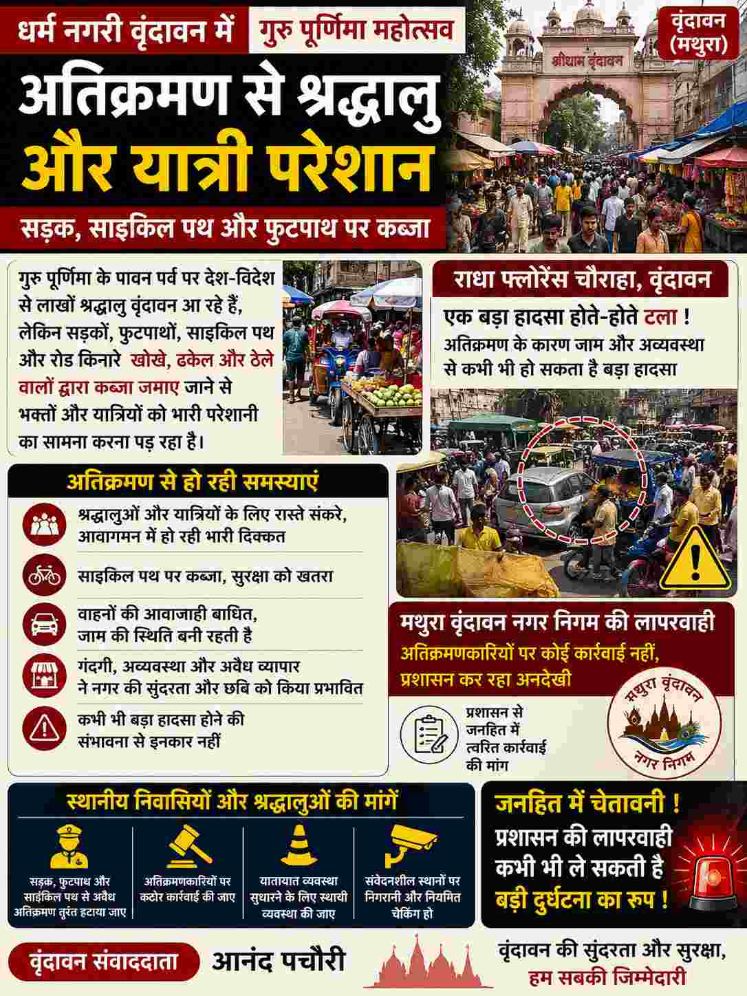 गुरु पूर्णिमा से पहले वृंदावन में अतिक्रमण पर सवाल, बड़े हादसे का खतरा