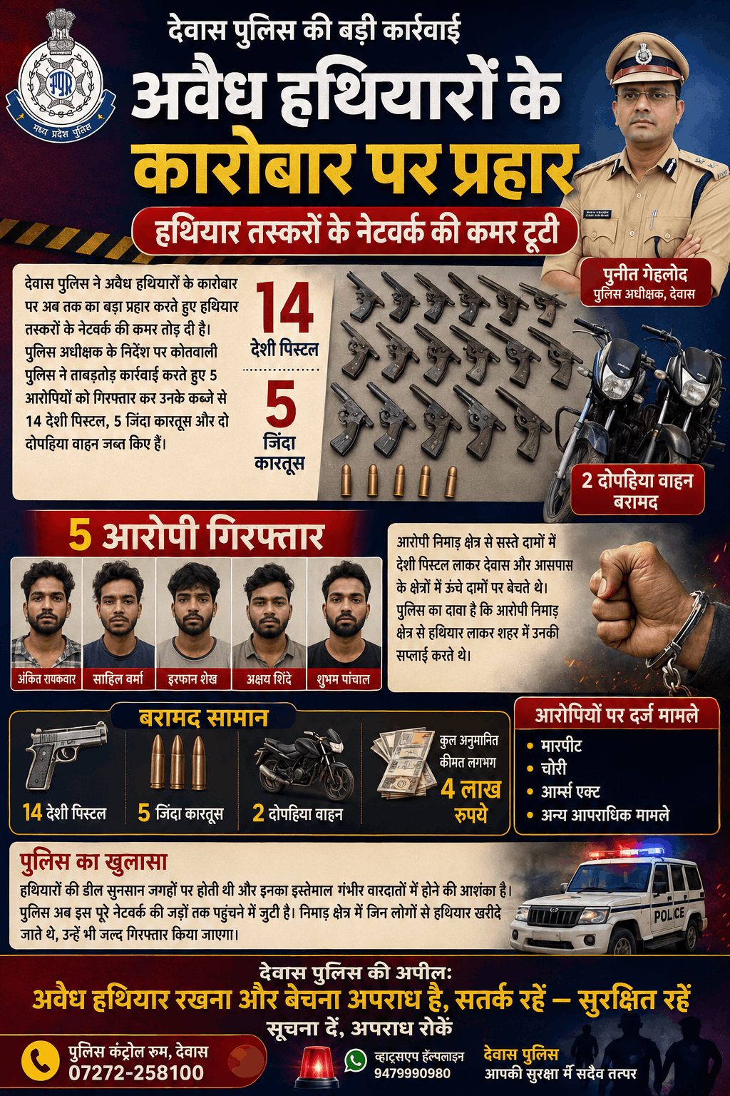 देवास पुलिस का बड़ा एक्शन, 14 देशी पिस्टल के साथ 5 तस्कर गिरफ्तार