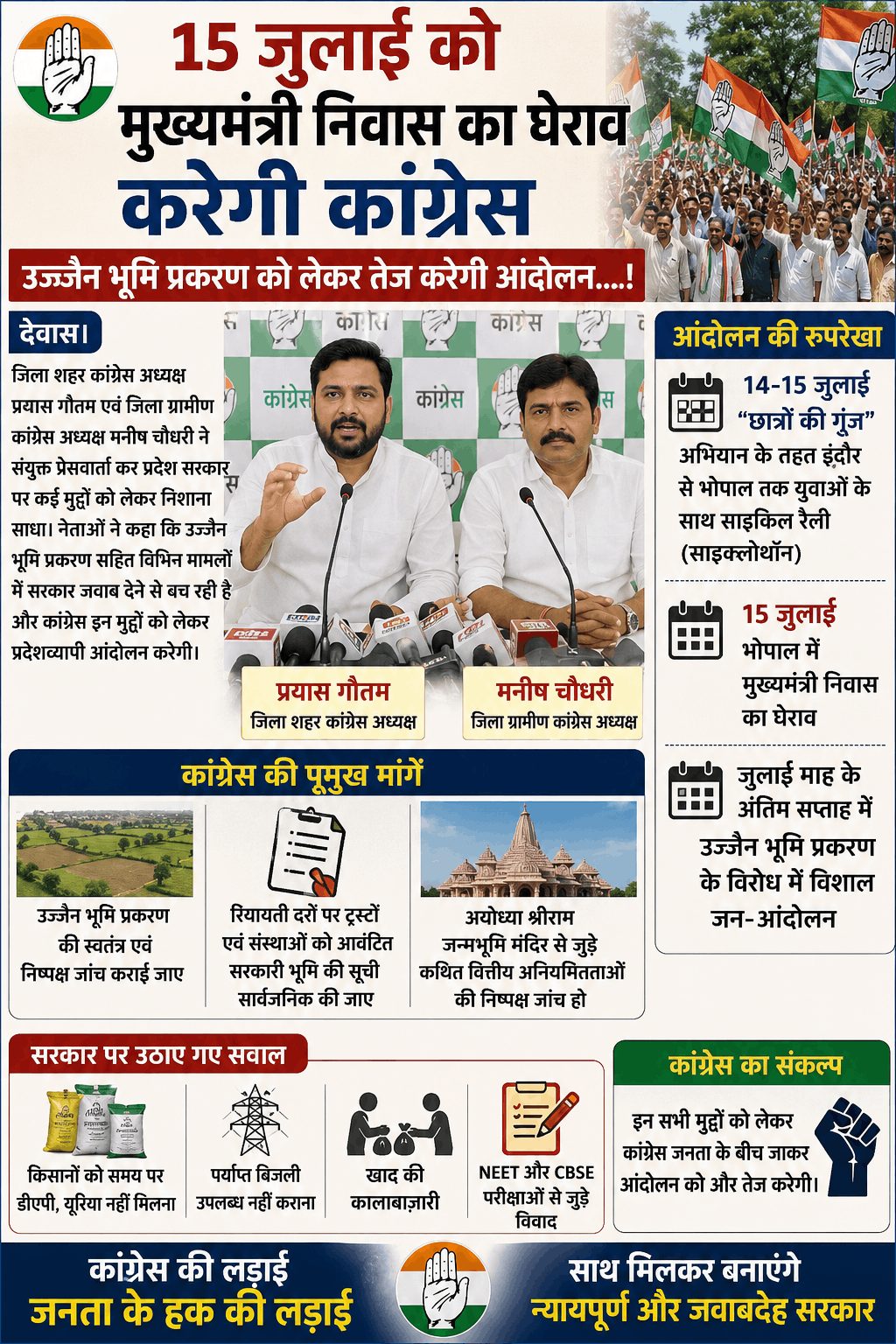 15 जुलाई को सीएम निवास का घेराव करेगी कांग्रेस
