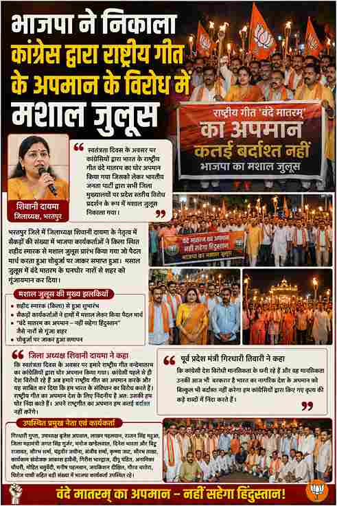 भरतपुर में भाजपा का मशाल जुलूस, वंदे मातरम के अपमान का जताया विरोध